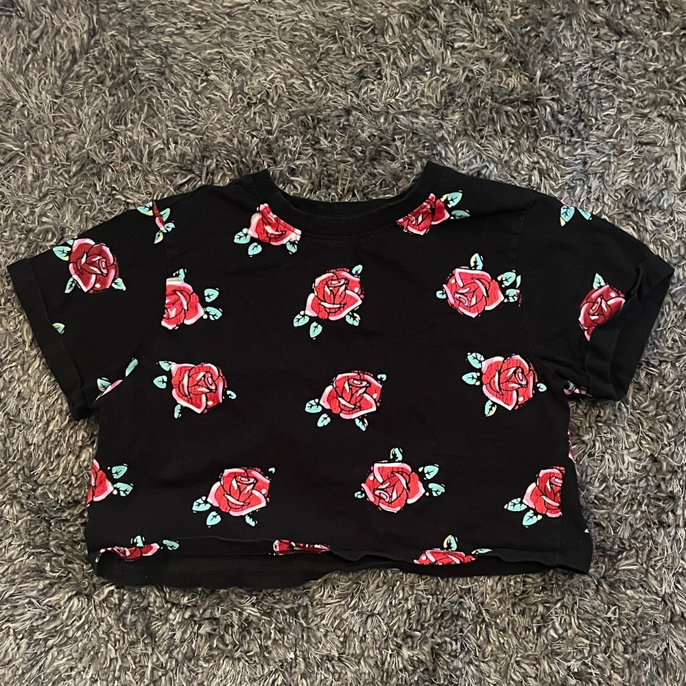 PINK Victoria's Secret Black Crop Top with Red Floral Design